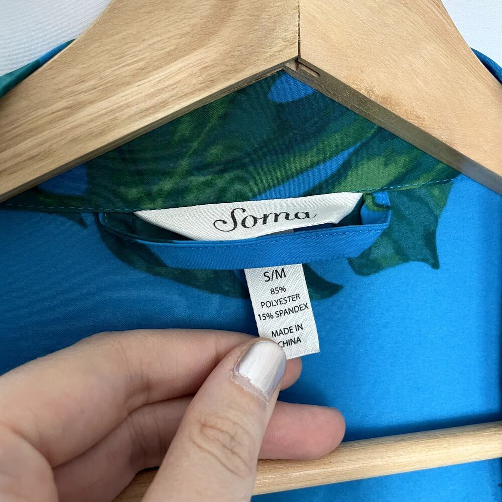 Soma blue tropical leaves flowers robe sleepwear women's small flowy no belt - Picture 4 of 7